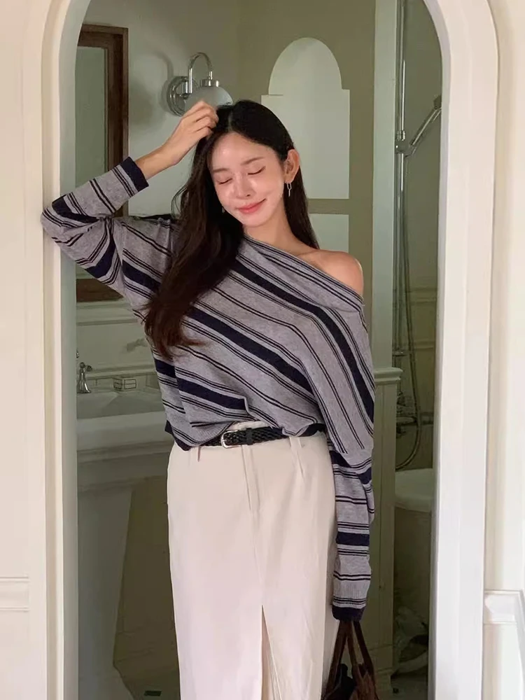 

Dongda Gate Retro Unique oulder Bared Long Sve Knitted Top Women's Loose Fit Commute Sle Regular Length Knitwear