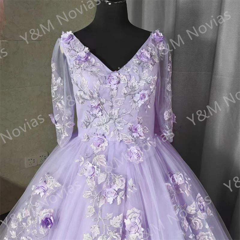 Custom Pluse Size Paars Quinceanera Jurken Sweet Flower Party Dress Luxe Kanten Baljurk Halve Mouw Boho Vestidos Voor Meisjes