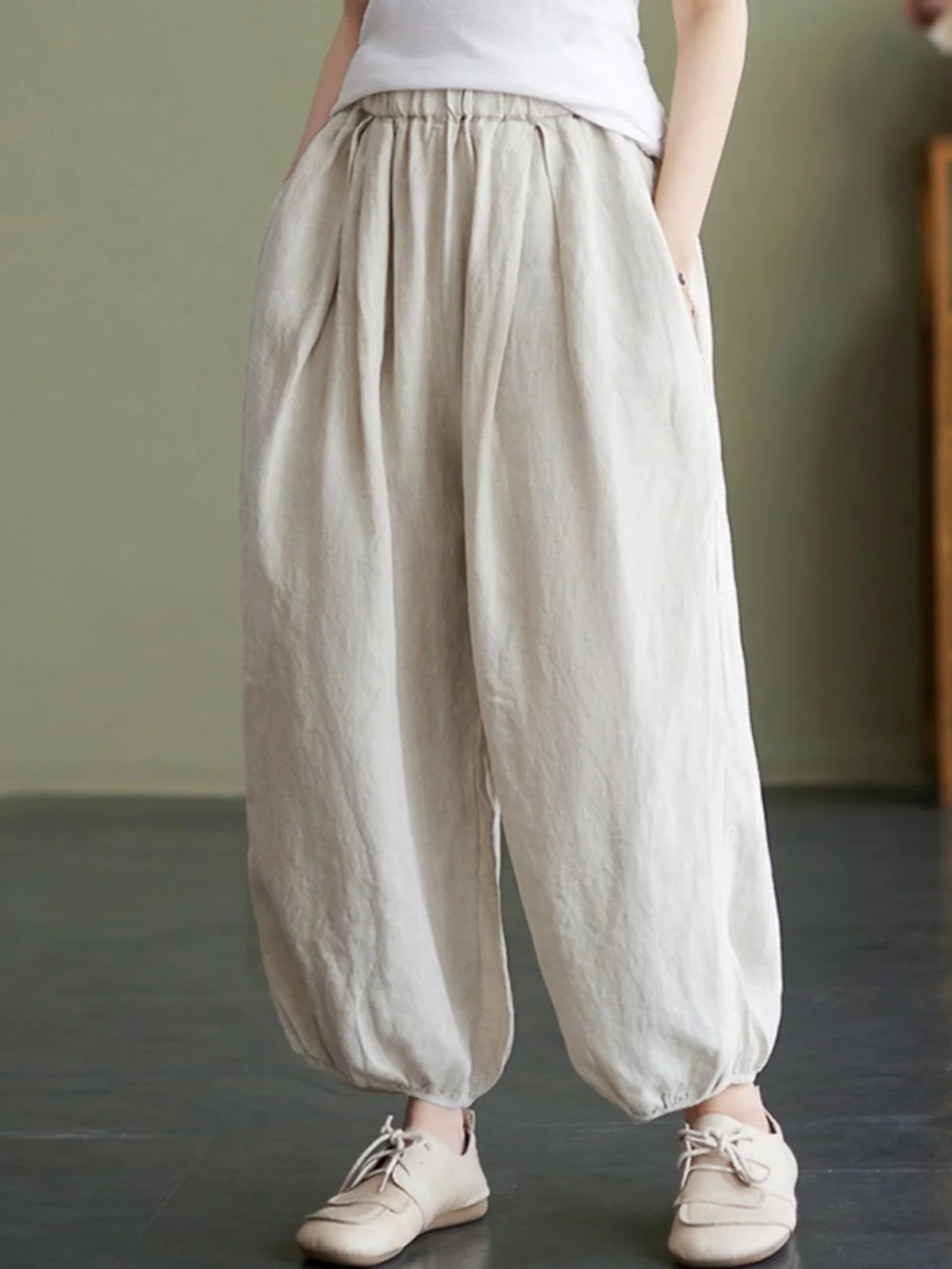 일본식 코튼 린넨 랜턴 바지 여성 솔리드 컬러 루즈 캐주얼 바지 하이 웨이스트 9 포인트 린넨 하렘 바지