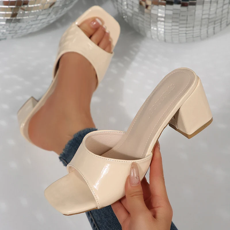 Patent Leather Black High Heels Sandals Women 2026 Summer Peep Toe Thick Heeled Mule Slippers Woman Plus Size 43 Party Shoes - view 3
