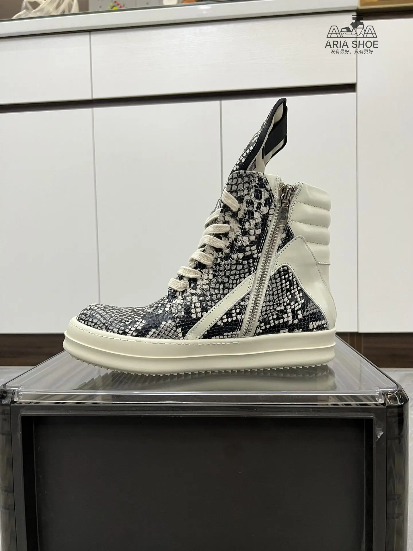 Ricks High Quality Design Python Leather Geobasket Shoe Men Owens Lace-up High Top Luxury Casual Leather Owens Ankle Boots Women