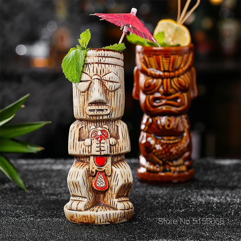 Tiki Mug Tropical Cocktail Glass Ceramic Hawaiian Bar Decor Drinkware Mixed Wine Cup Marine Skull Doll Statue Smoothie Cup Jug