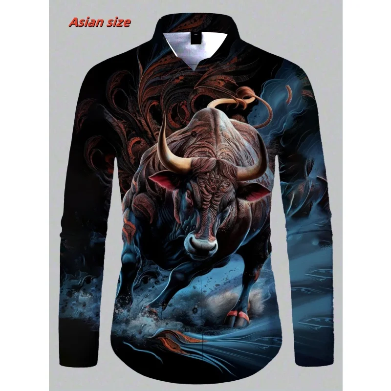 Cool Dragon Bull Pattern Hawaiian Shirts For Men Fun Cat 3D Printed Blouse Spring Autumn Casual Loose Aloha Shirts Long Sleeves