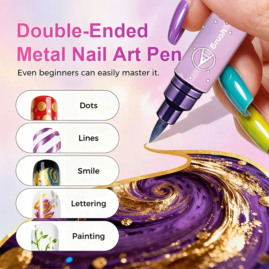 12 Double-Ended Nail Art Painting Pens with Gloss Top Coat Waterproof, Quick-Drying & High Pigmentation.The fine tips are perfer