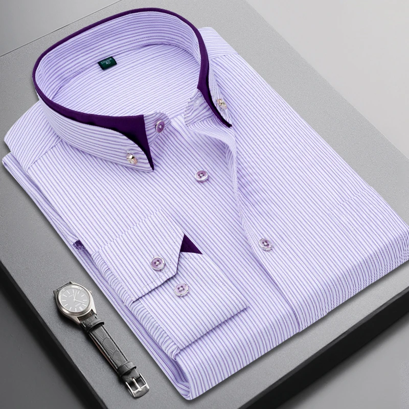 Classic Men's Business Dress Shirts Long Sleeve Spring Autumn Social Camisa Formal Small Grid And Stripe Casual Party Daily Top