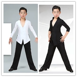 Top da ballo latino ragazzi camicia Sexy con scollo a v pantaloni neri a gamba larga bambini costumi da competizione di danza latina bambini Rumba Cha Cha vestiti