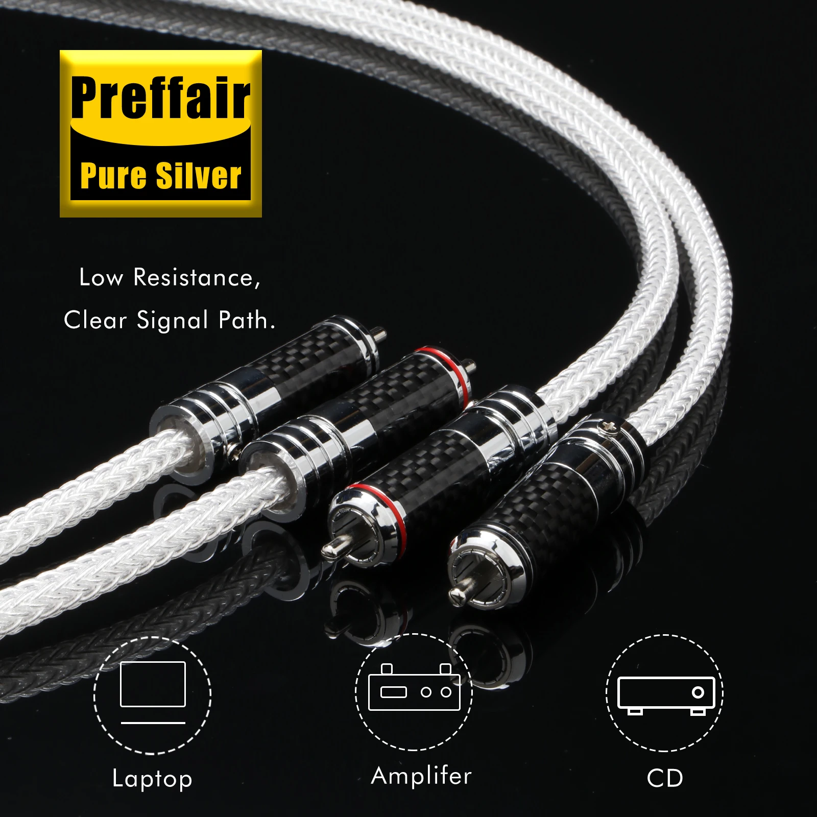 Preffair HiFi X460 RCA Audio Cable High Purity Soild Silver 2RCA Cable with Rhodium Plated Carbon Fiber Male to Male Plug