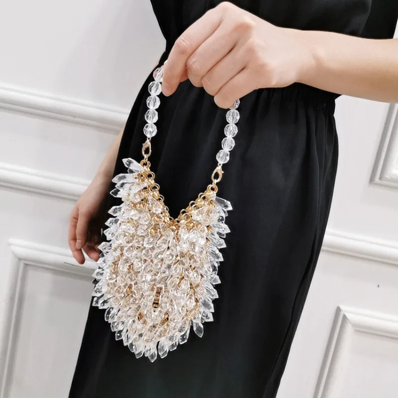 Customized Crystal Bag Luxury Handmade Hanging Ring Beaded Weaving Acrylic Metal Women\'s Handbag Party Banquet Evening Bags