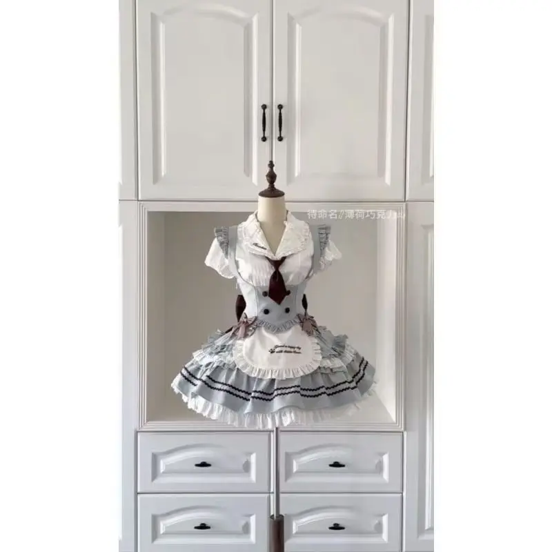 

Sweet Short Sleeve Shirts Slim Vest Y2k Bow Mini Skirt Harajuku Gothic Party Suit Japanese Preppy Style Lolita 3 Piece Set Women