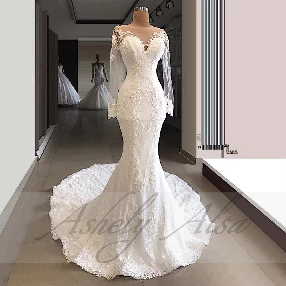 AW18 vestidos de novia elegantes personalizados de princesa para mujer, Vestido de novia de manga larga con Apliques de encaje y botones cubiertos, Vestido de novia para jardín