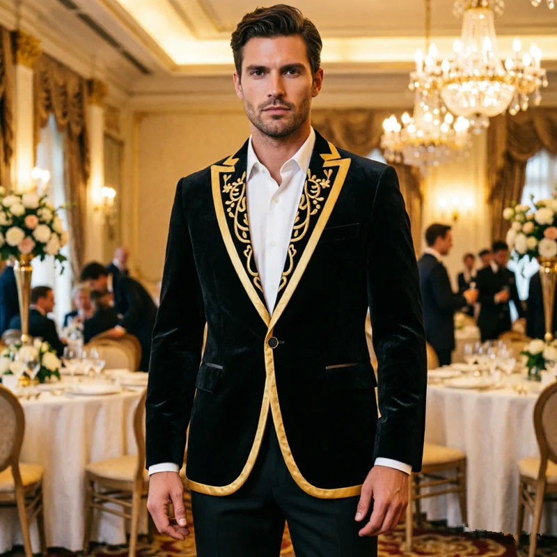 New Men Luxury Velvet Suit 2 Piece Classic Male Wedding Prom Party Stage Performance Patchwork Embroidered Blazers and Pants