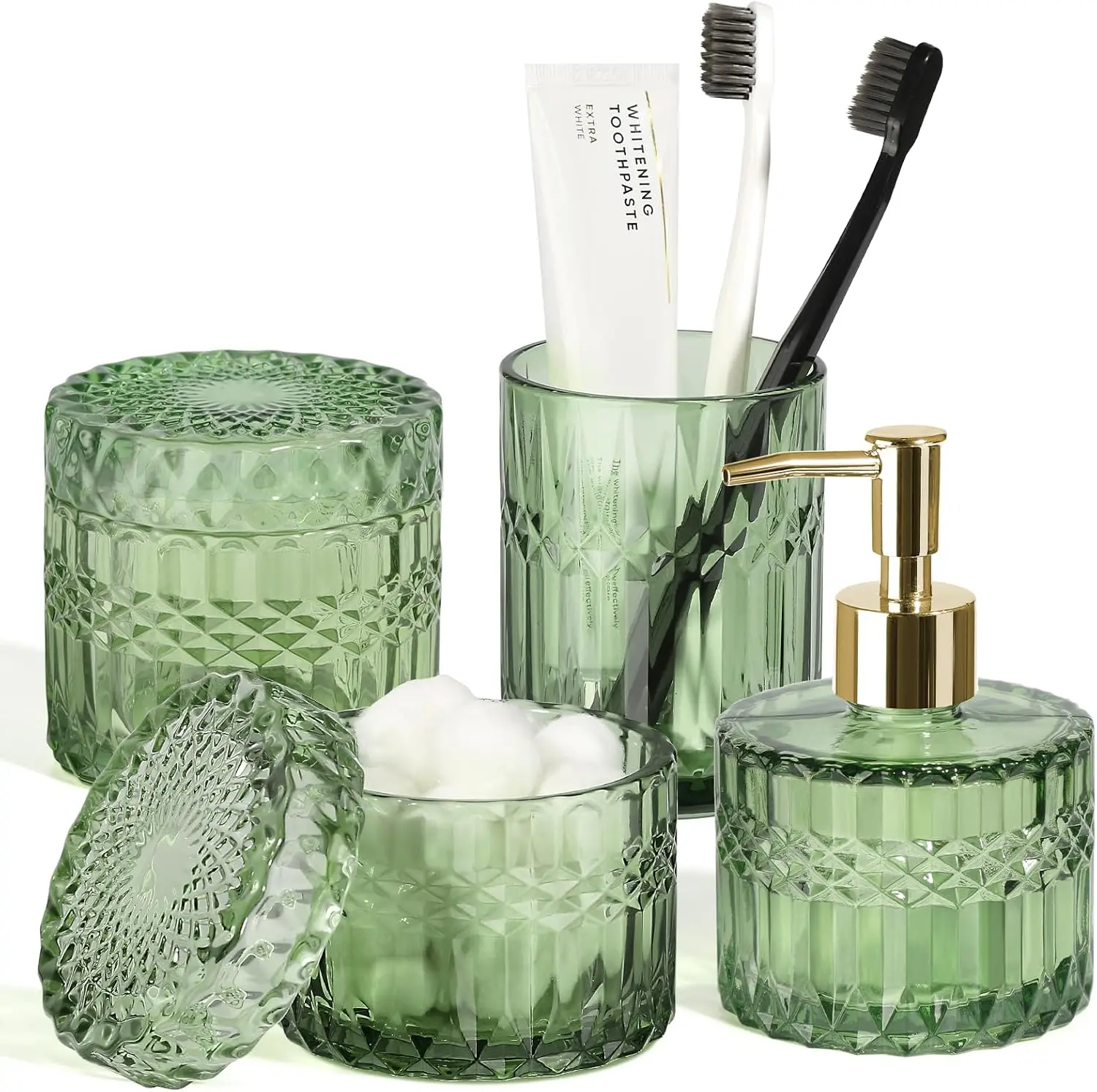 

Green Bathroom Accessories Set 4Pcs, Glass Soap Dispenser and Toothbrush Holder Set for Vintage Bathroom Countertop