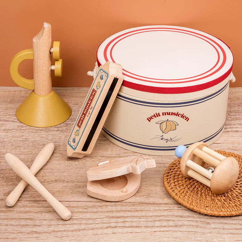 

5pcs Musical Instrument Toys Set Wooden Percussion Drum Castanets Harmonica Music Toys Educational Montessori Toys for Kids Gift