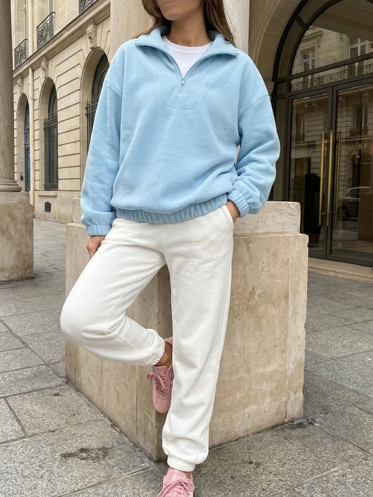 Tossy Fleece Half Zip Sweatshirt Long Sleeve Mock Neck Drop Shoulder Ribbed Cuff Ribbed Hem Oversized Daily Street Sweatshirt