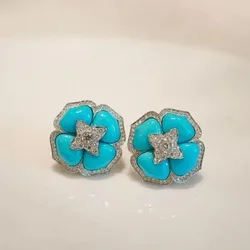 Luxury and fashionable turquoise earings stud with silver inlaid blue flower earrings for women classic wedding jewelry gift