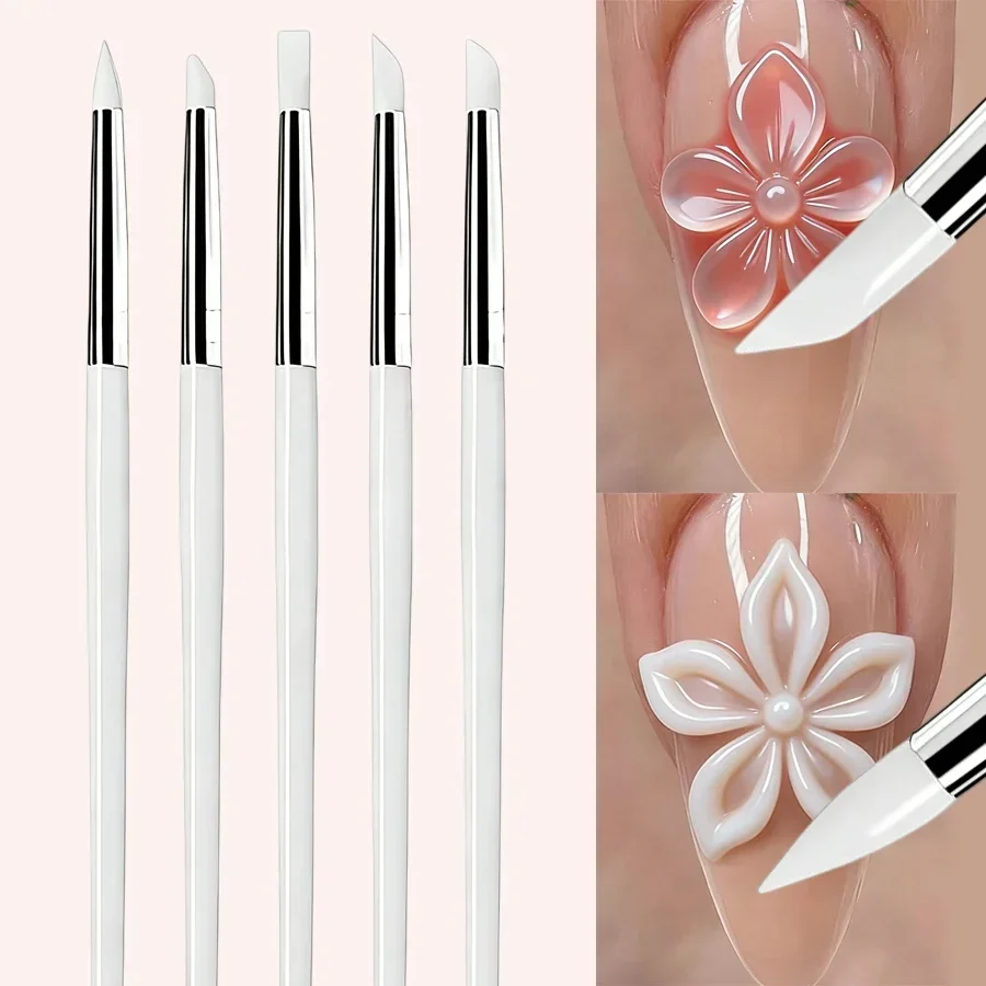Conjunto de 5 Pincéis de Silicone Profissionais para Unhas, para Esmalte em Gel UV, Ferramentas de Pontilhamento 3D para Arte em Unhas DIY, Canetas de Manicure