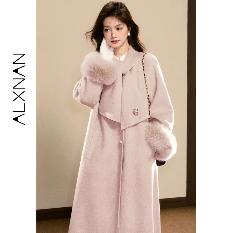 ALXNAN Pink Long Woolen Coat Women Double Face Fabric Detachable Fur Cuffs Scarf Tie Collar Loose-fit 2026 Wram Outerwear L58302