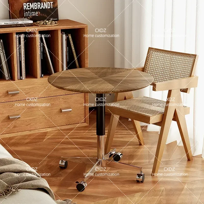 Lifting mobile coffee table side table living room sofa side multi-functional solid wood retro small dining table walnut