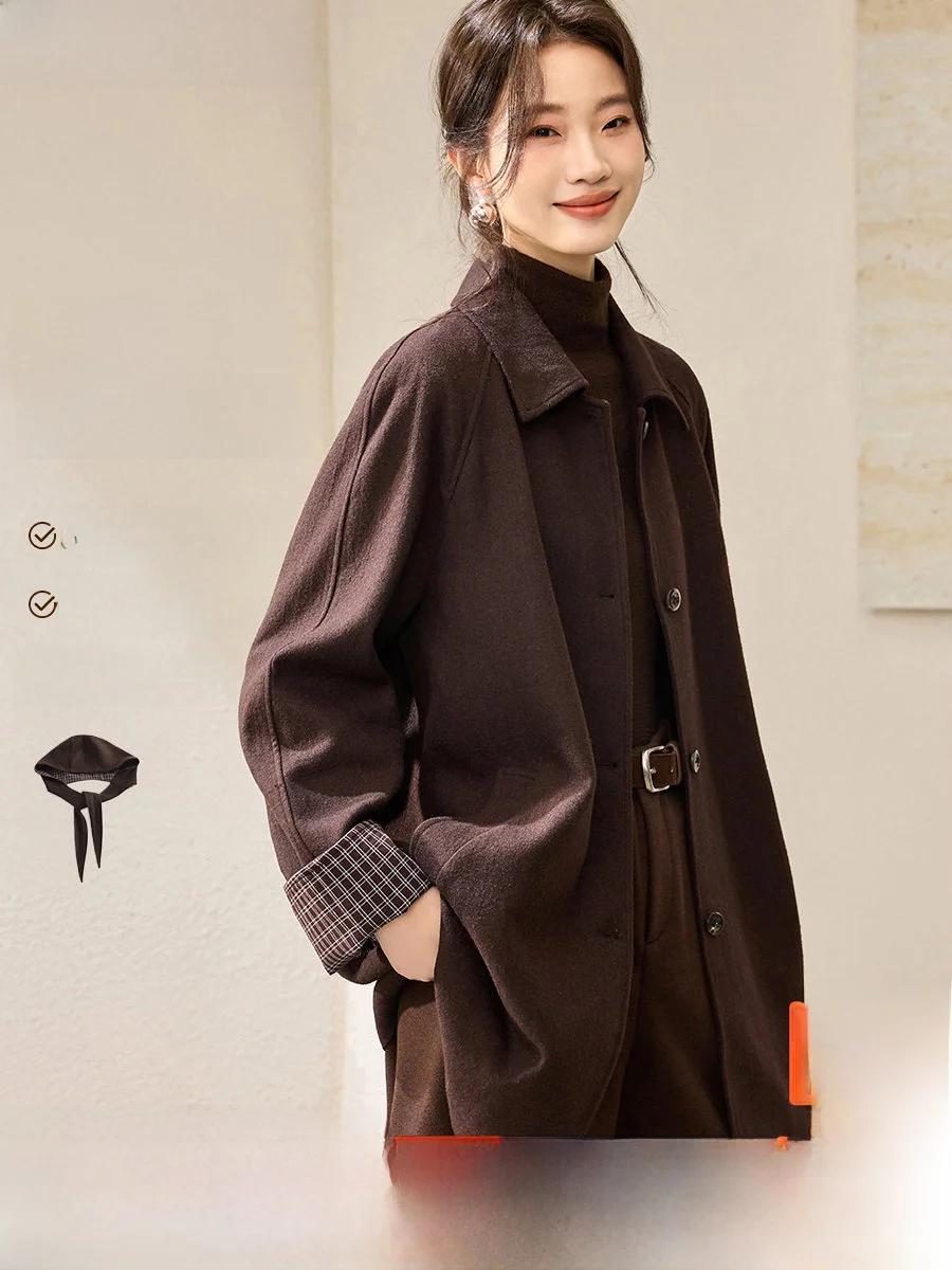 

Современное шерстяное пальто в стиле ретро со съемным шарфом и шапкой. Теплая женская верхняя одежда на зимний сезон от Mo Han Mei.