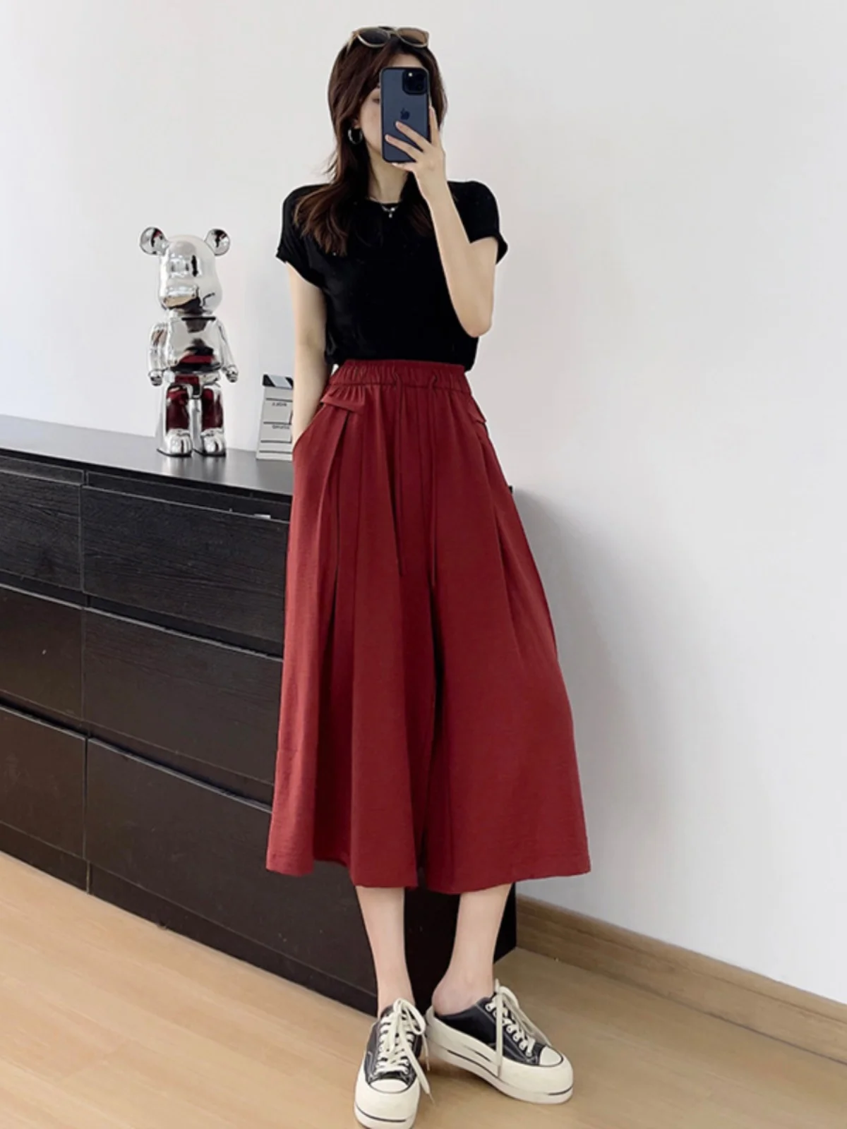 Falda drapeada de cintura alta de seda de hielo naranja, pantalones de verano finos, sueltos, textura informal, pantalones de pierna ancha de siete cuartos, Faion para mujer