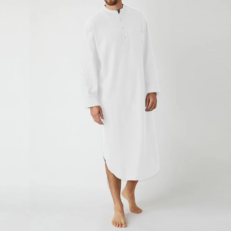 Männer Button-down Schlaf Roben Einfarbig Stehkragen Langarm Nachthemd Mode Komfortable Hause Tragen Lose Bademäntel m-3XL – Detail 9