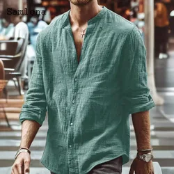 2024 Long Sleeves Casual Linen Shirts Mandarin Collar Beach Shirt Sexy Tunic Blouse Plus Size Men's Top Camisa blusas Homme Ropa