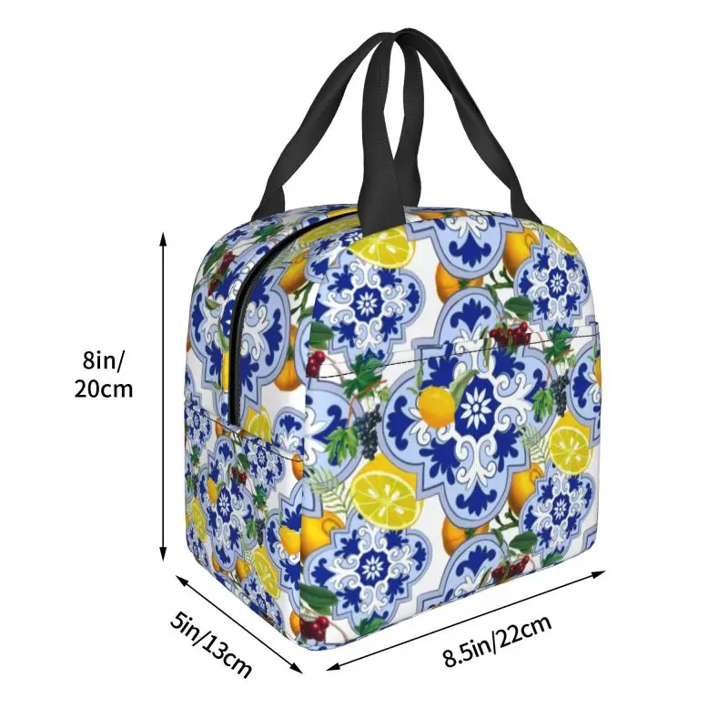 Custom Sicilian Summer Fruit Lemon Citrus Tiles Lunch Bag Women Cooler Warm Insulated Lunch Boxes for Kids School Children