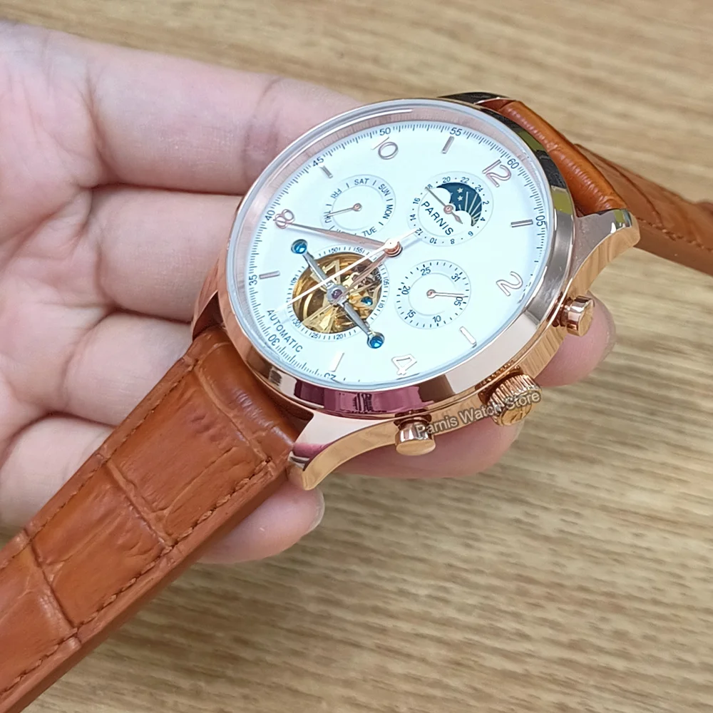 Parnis 43mm White Dial Rose Gold Automatic Movement Commander Watch Power Reserve Indicator