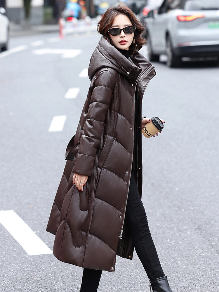 Cappotto Duffel in Vera Pelle di Pecora da Donna Inverno 2025, Lunghezza Media, Vestibilità Slim, con Cappuccio, Stile Haute Couture, Giacca in Pelliccia Coreana