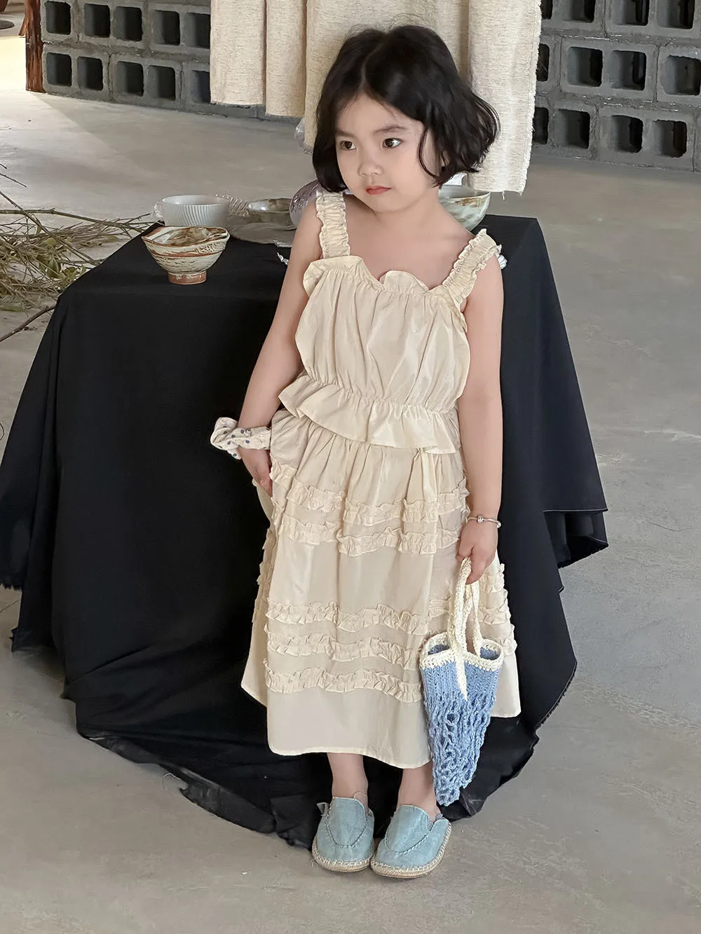 

Childrens Sets Korean 2024 Clothing Girls New Summer Versatile Two Piece Baby Sling Flower Edge Fashion Simple Elastic Waist