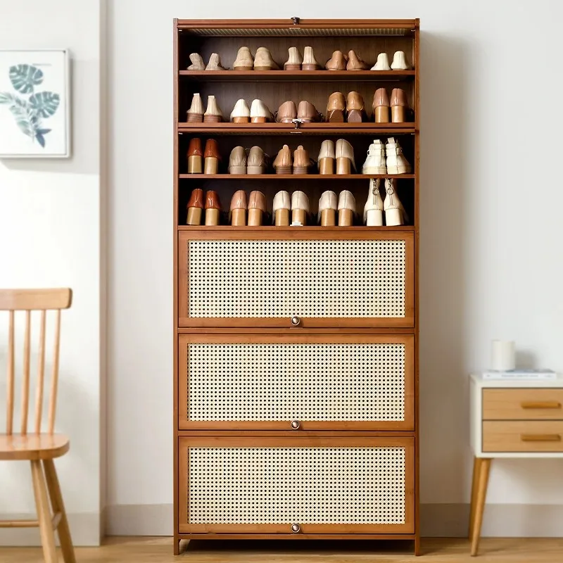 Retro style multi-layer shoe cabinet, rattan decorative door large storage cabinet, living room light luxury storage cabinet