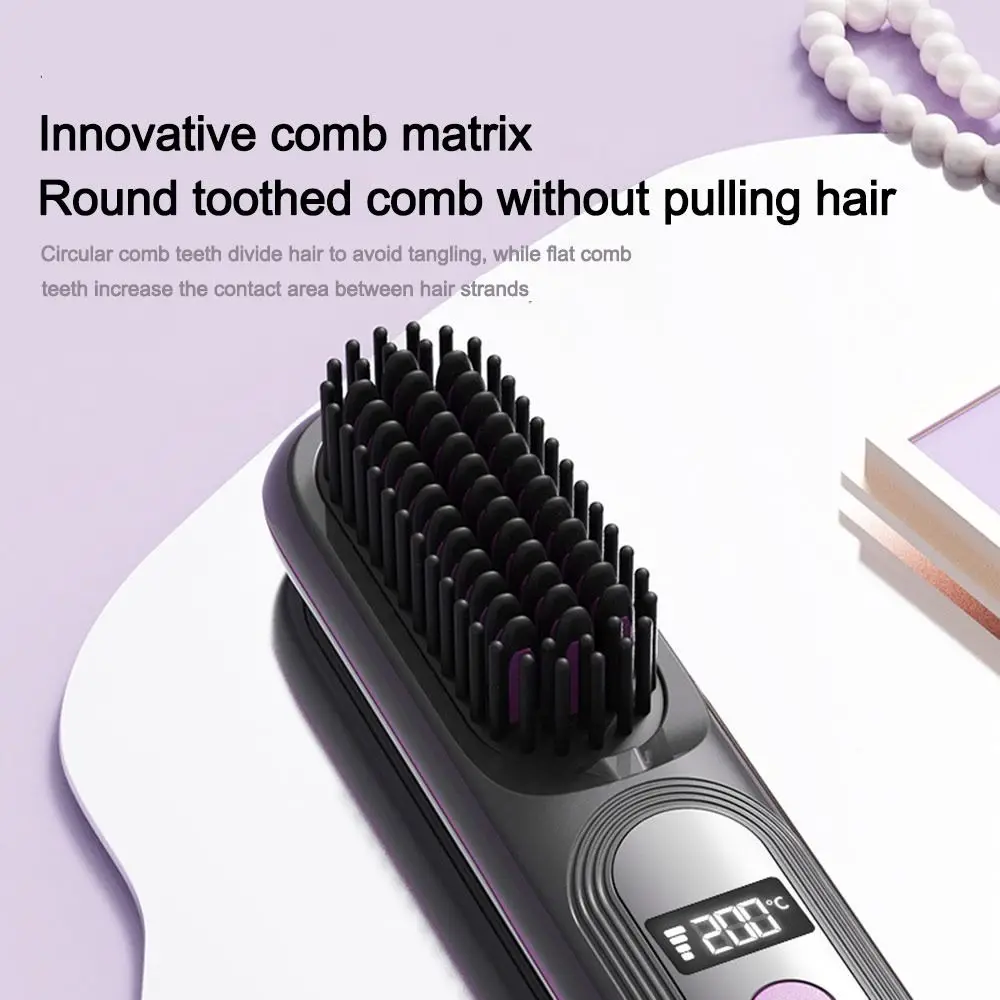 2In1 Hair Sitting Cordless Rechargeable Hair Straightener Comb with 4 Different Temperatures Hair Styling Detangling Brush