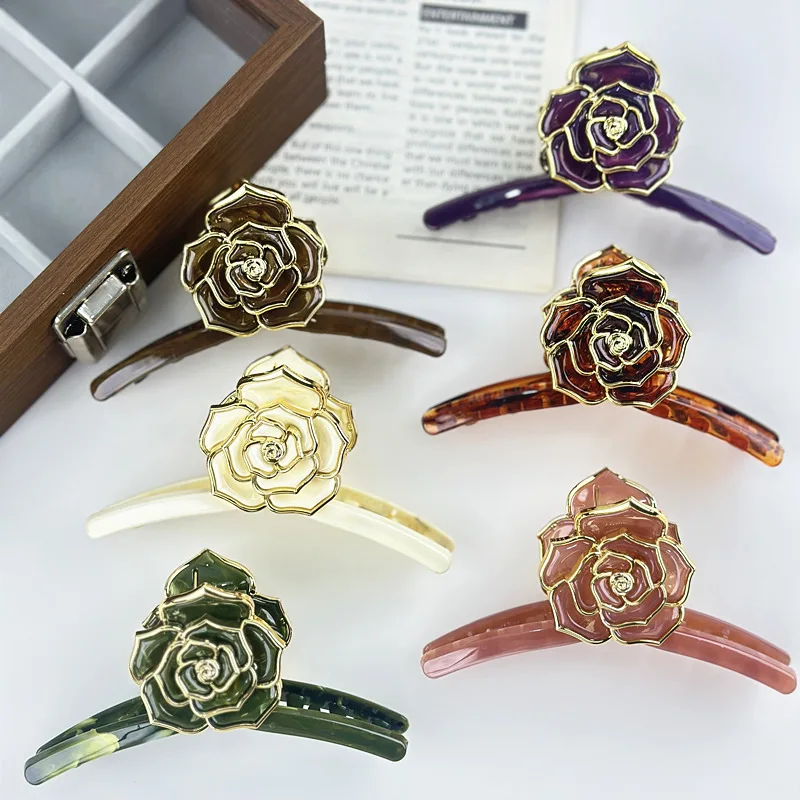 Hot Sale Round Rose Flower Hair Claw Clip ABS Gold Edge Marble Color Back Head Electroplated Hair Claw