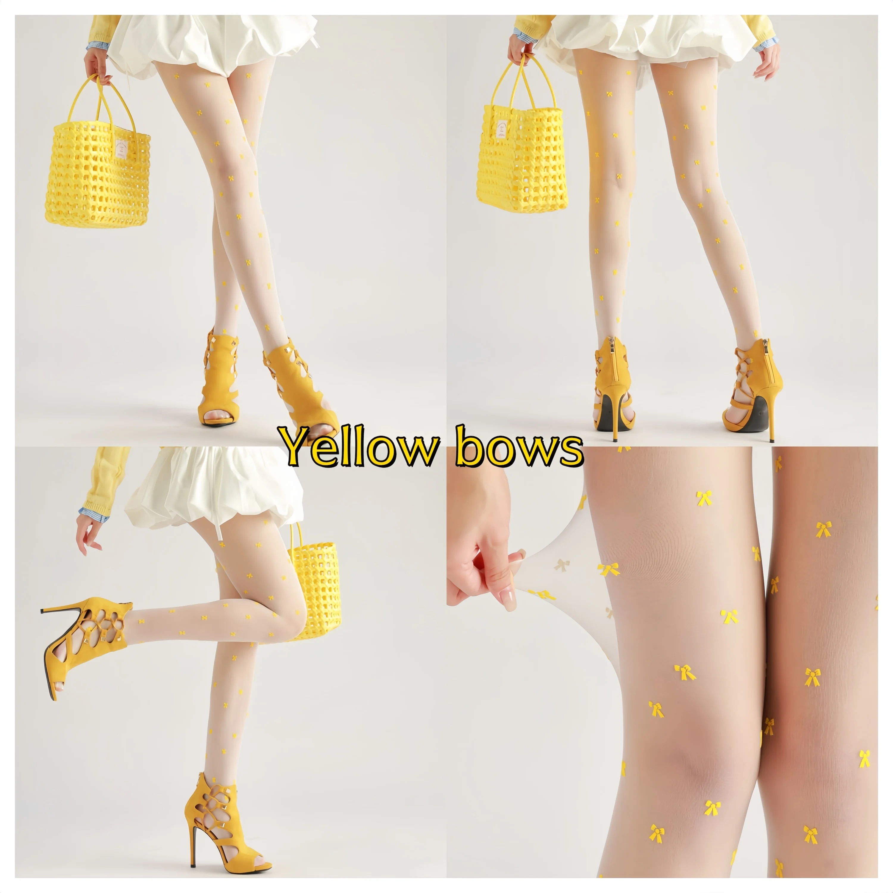 Sahabowi rose lines bows new designs tights print pantyhose for womens sheer yellow stockings