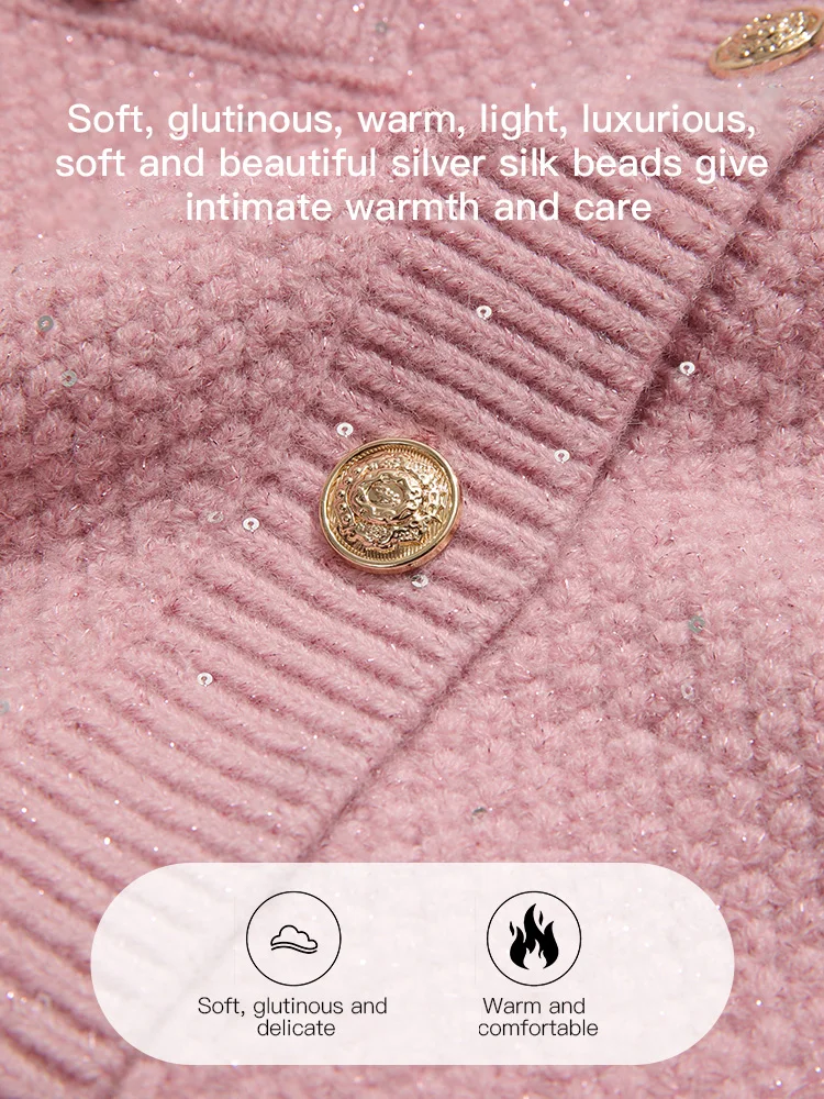 I BELIEVE YOU Fragrant Knitted Cardigan for Women Autumn 2025 Metal Single Breasted Sweaters Round Neck Glitter Tops 2241145739