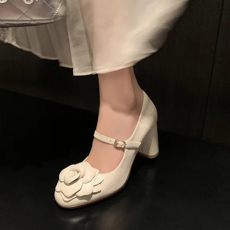 Camellia Flower Mary Janes Round Toe Block High Heels Instep Straps Pumps Summer Sweet Women Casual Comfort Daily Dress Sandals