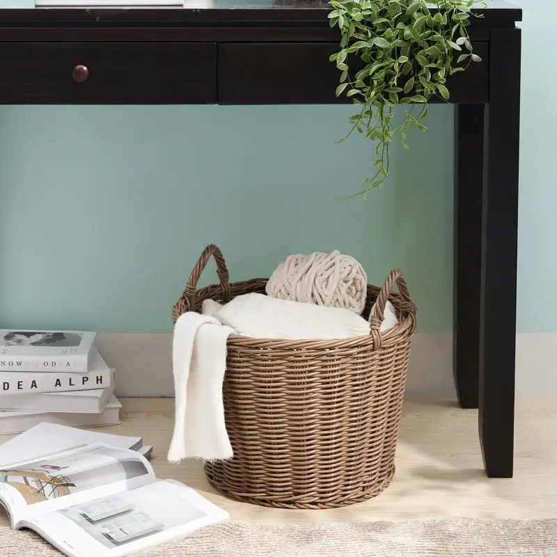 

Woven Resin Wicker Basket with Handles - 16" x 16" x 10.5" - Chocolate Brown - Storage for Clothes, Towels, Toys, and Magazines