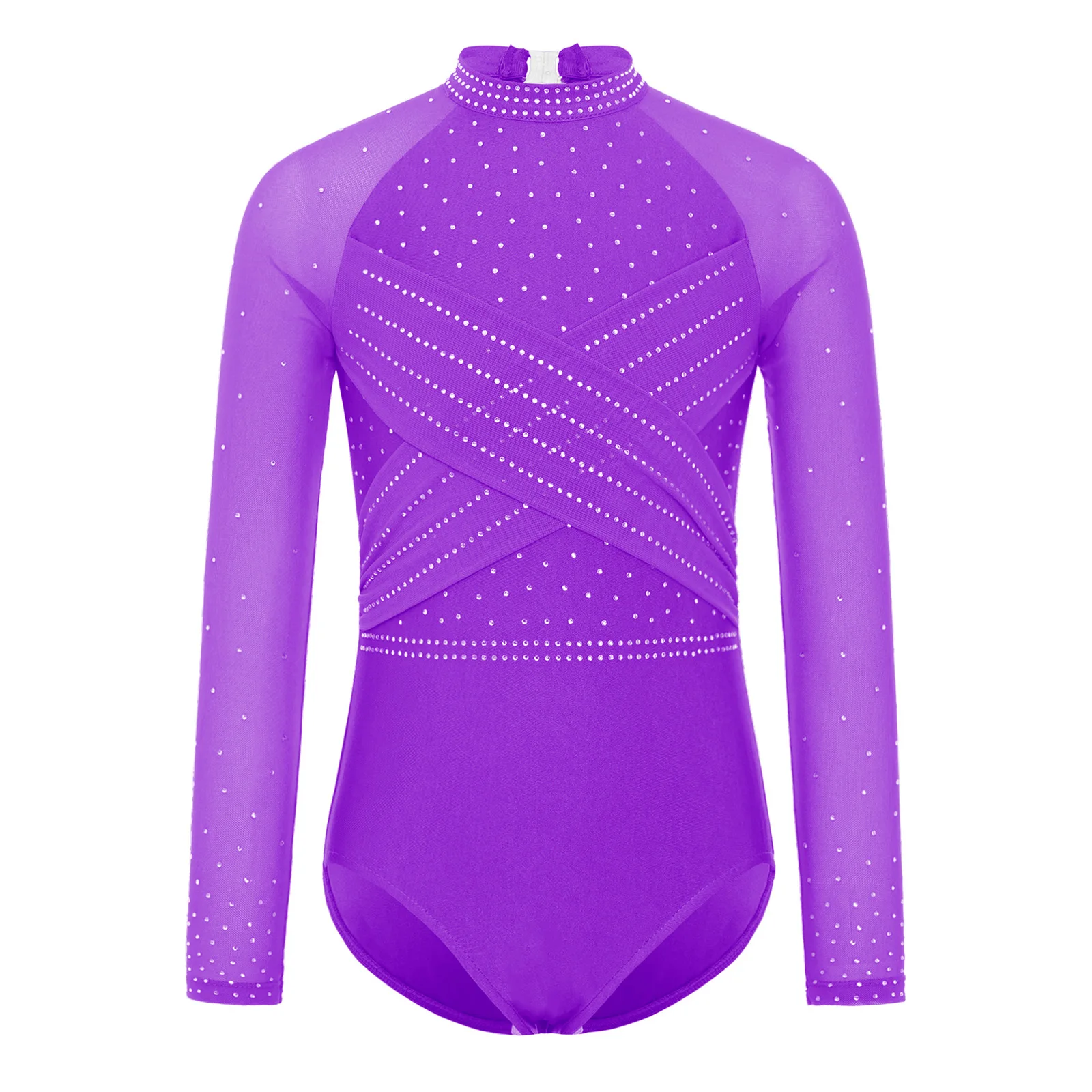 

Kids Girls Stretchy Rhythmic Ballet Dance Performance Leotard Sheer Mesh Long Sleeves Bodysuit for Acrobatics Dancewear