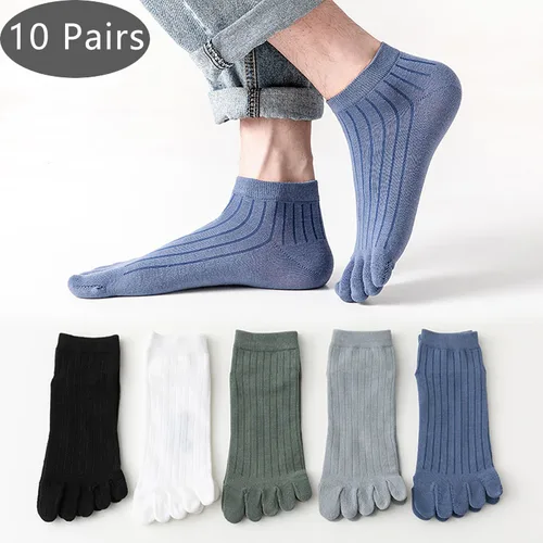 10 pares de calcetines tobilleros de cinco dedos para hombre, calcetines de algodón a rayas, sólidos, transpirables, absorbentes del sudor, moda joven, calcetines deportivos de punta corta para estudiantes