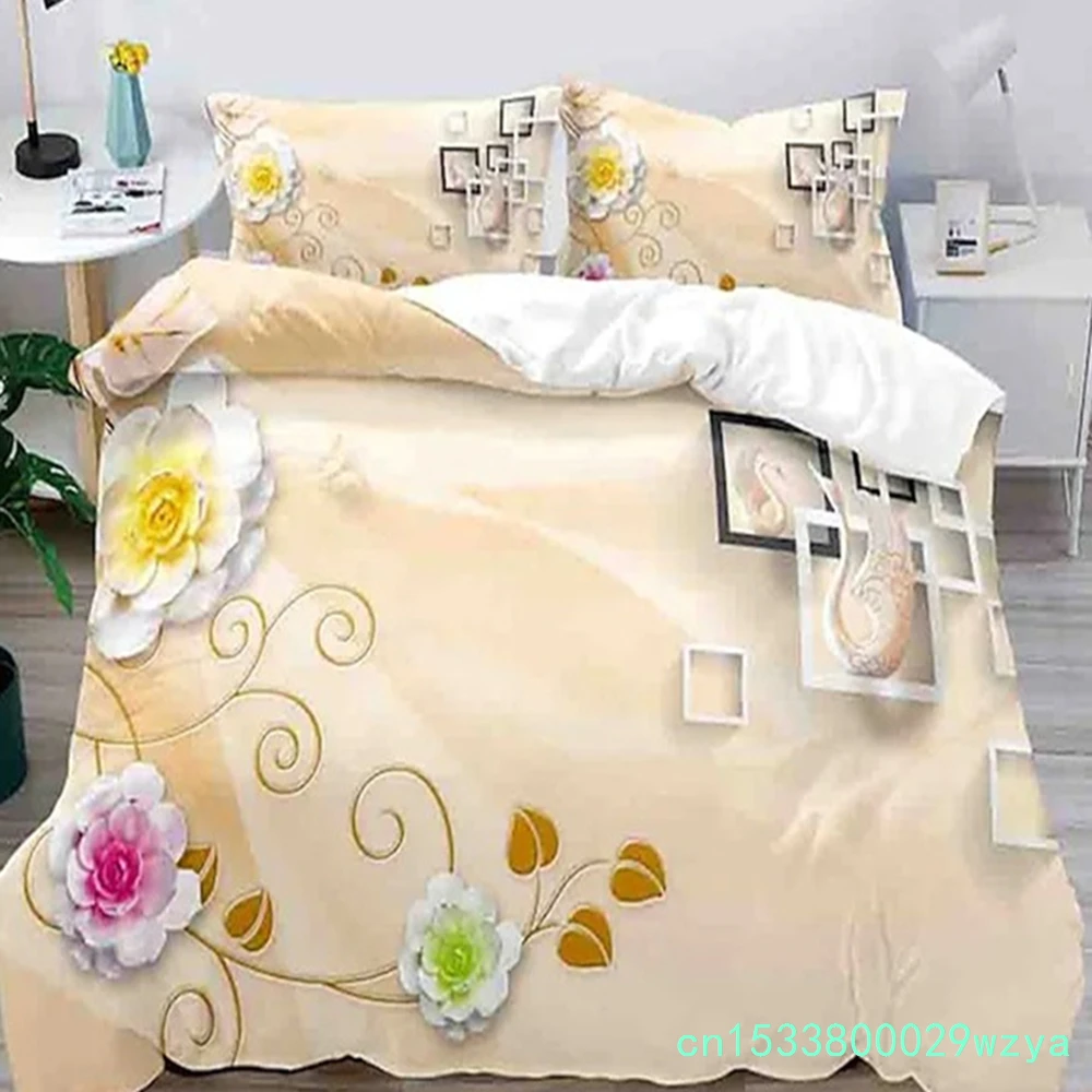 Floral Duvet Cover King Microfiber 3D Botanical Blossom Flowers Bedding Set Luxury Geometric Swan Comforter Cover For Girls Teen