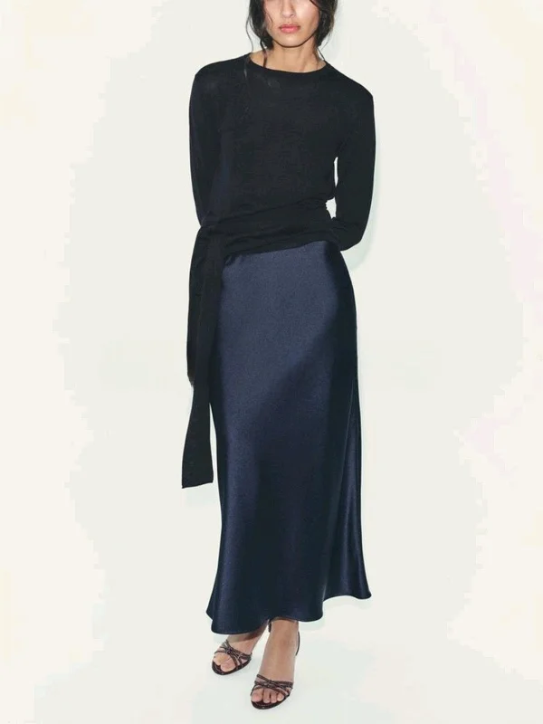 

Silk Satin Straight Midi Skirt Simple Design Winter Women's Faion High Waist A-Line Skirt Casual Polyester Fiber f Body ...