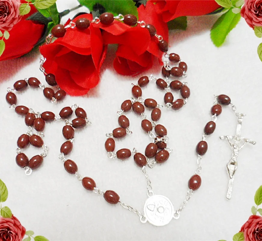 السفينة حرة 8*6 مللي متر مسبحة حبة بنية ، مسبحة زجاجية كاثوليكية مع مركز البابا فرانسيسكو #2