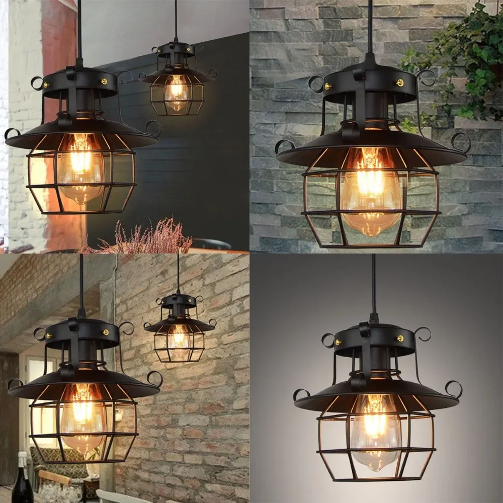 

Retro Industrial Pendant Light Nordic Black Metal Cage Lighting Fixtures Iron Loft Cage Kitchen Vintage Adjustable Hanging Lamps