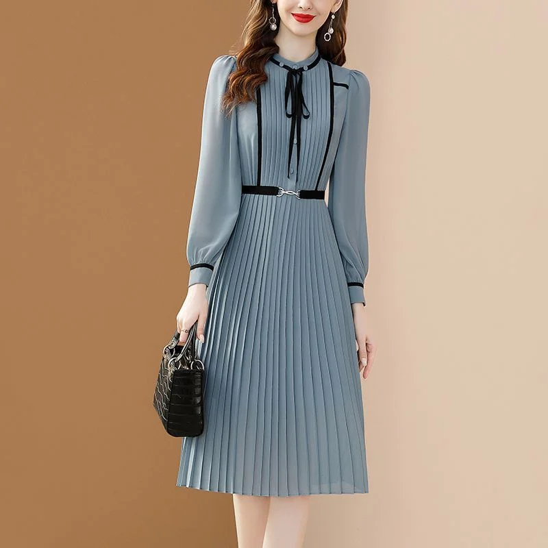 Women Fashion Temperament Age-reducing Long-sleeved Dress Female Spring 2023 New Solid Color Lace Waist Slim Medium Length Skirt