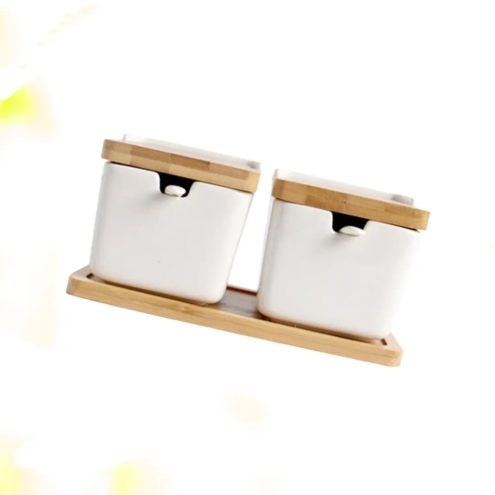 

2 set Ceramic Condiment Jar Set With Bamboo Lid Fine Texture For Kitchen Home Restaurant Use Salt Shaker Spice Storage Container