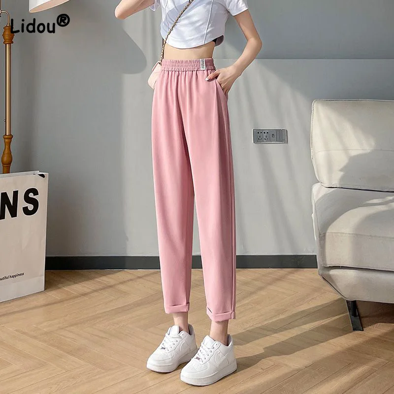 Summer Thin Loose Fit Elastic Waist Pockets Splicing Appliques Solid Lady Ice Silk Wide Leg Pants Straight Tube Smoke Pipe Pants