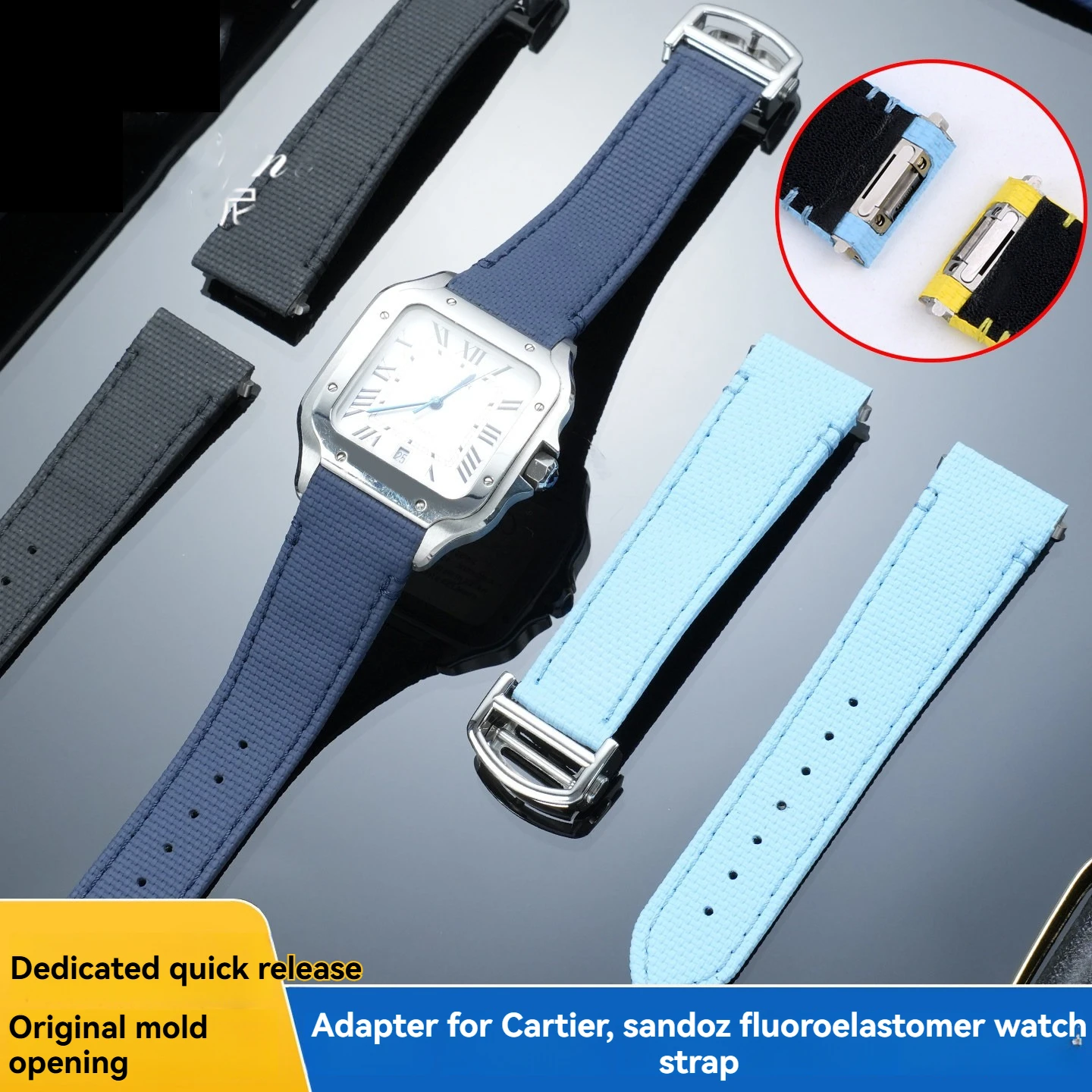 For Cartier Santos WSSA0010 WSSA0009, Quick Release Fluoroelastomer Top & Leather Back Strap, 21mm Replacement Watch Band