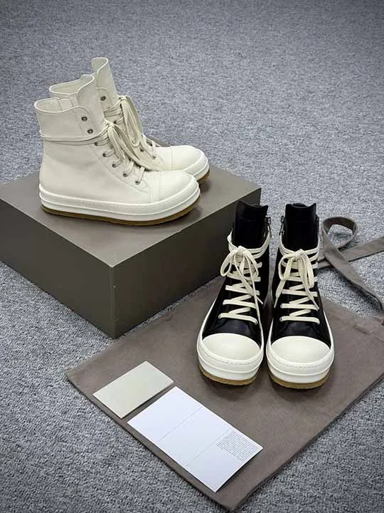 

2025 Top Version Mainline Top-grain Calfskin Women Men High-top Casual Shoes Real Leather Smoked Rubber Sole Sneaker Shoes