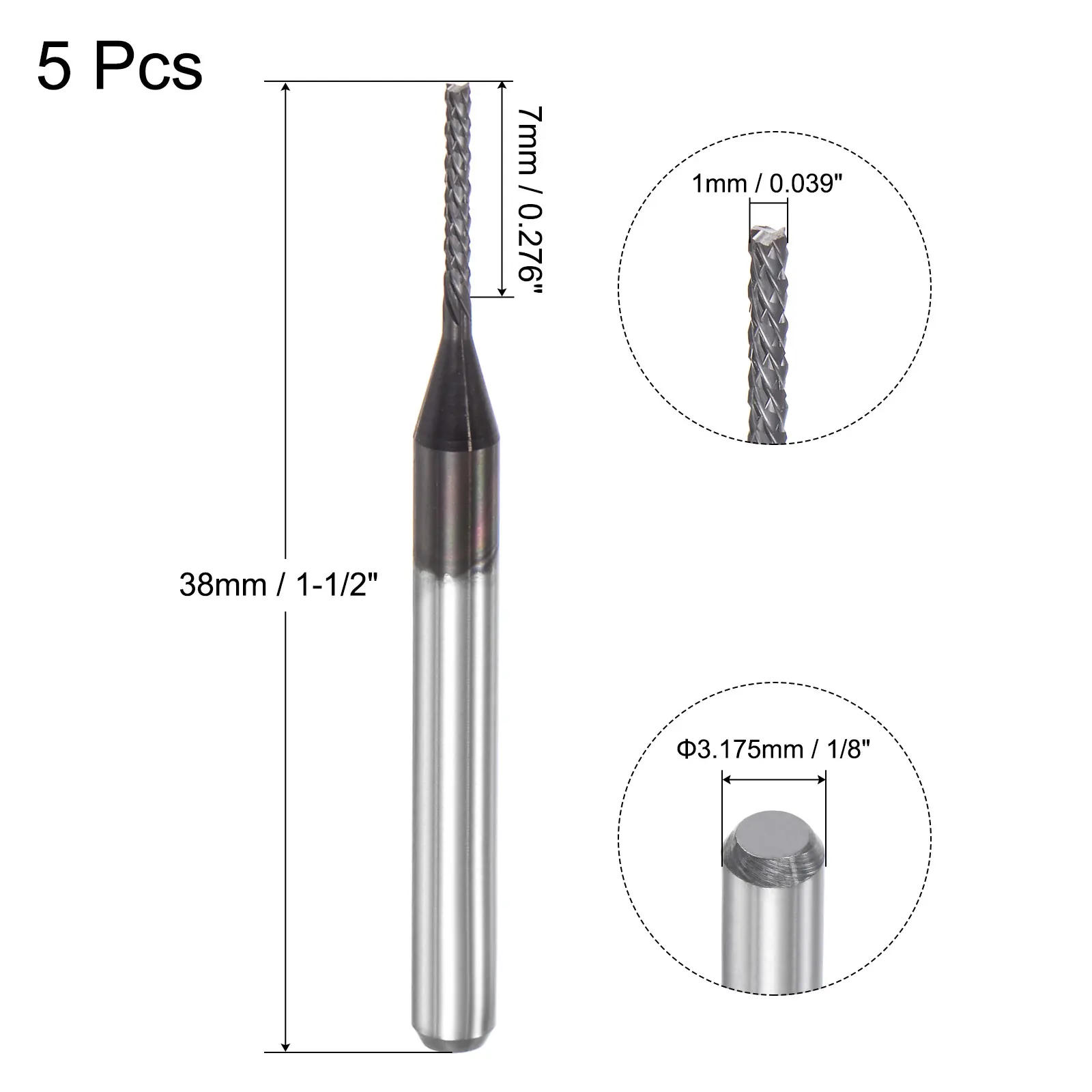 Punta per fresa per mano sinistra in carburo rivestito con gambo da 1/8" 1 mm x 7 mm, 5 pezzi