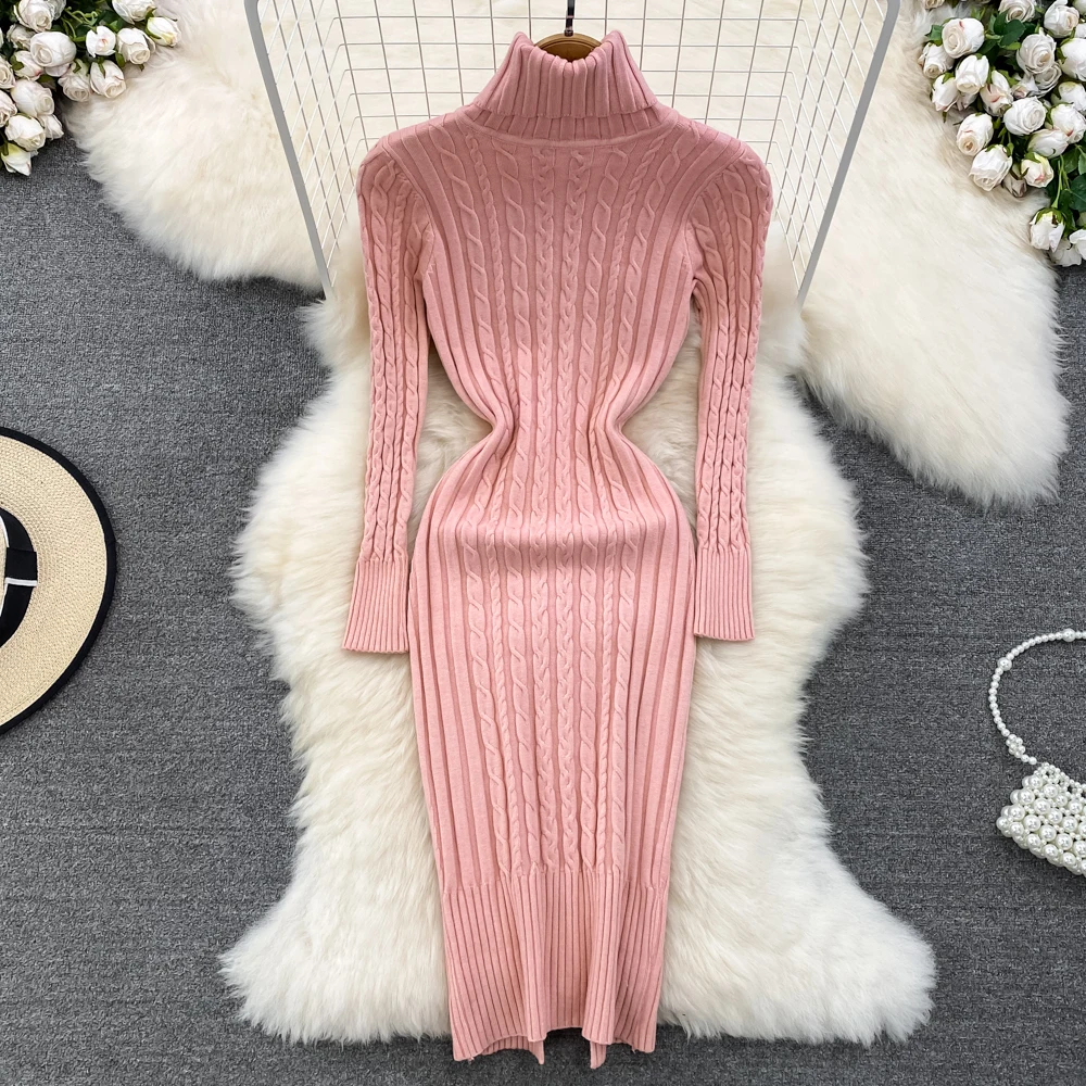 Elegant Turtleneck  Elastic Tight Dress Sexy Korean Fashion Knit Vestido Long Sleeve Autumn Winter Sweater Bodycon Pencil Dress